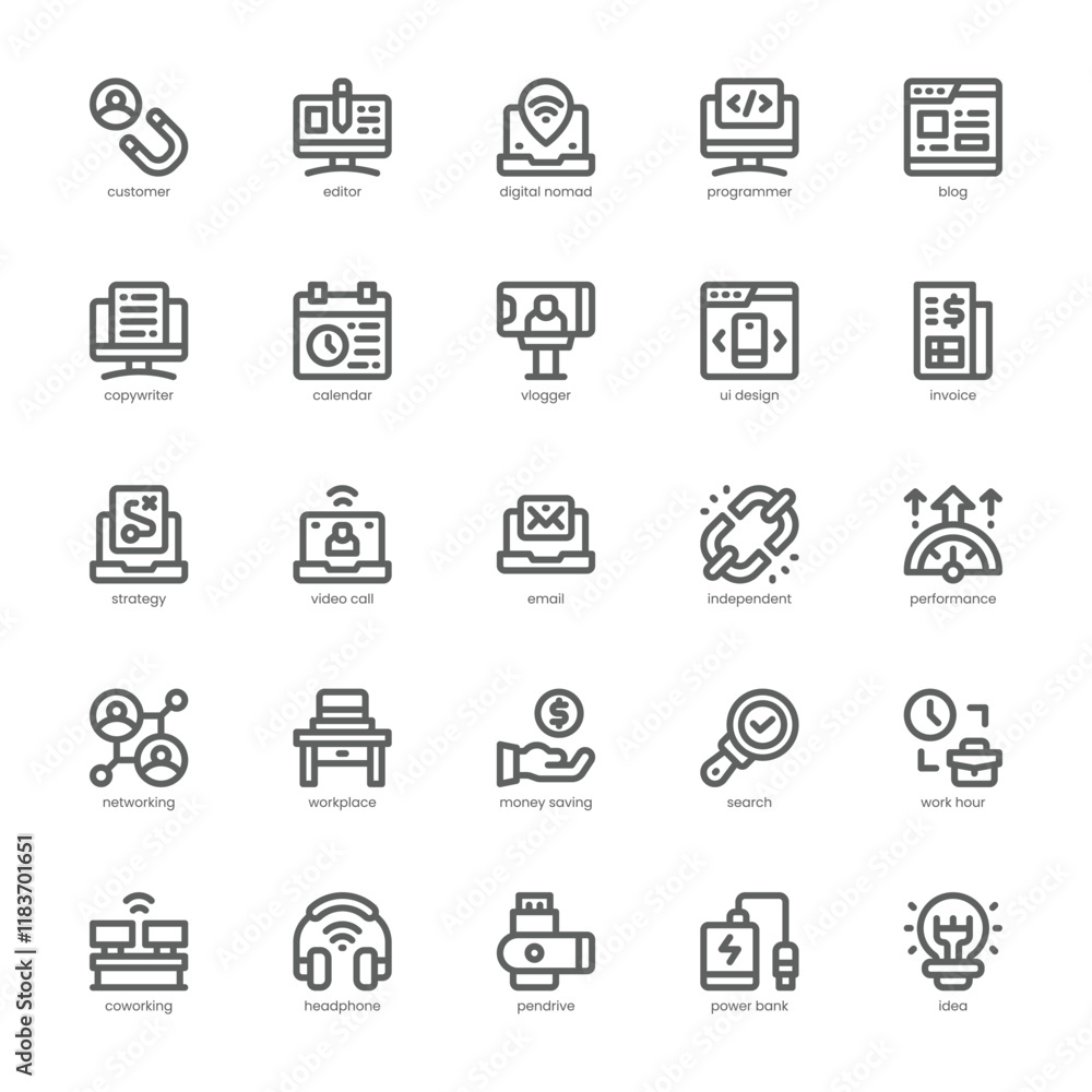 Digital Nomad Icon pack for your website, mobile, presentation, and logo design. Digital Nomad Icon outline design. Vector graphics illustration and editable stroke. Digital Nomad Icon pack for your website, mobile, presentation, and logo design. Digital Nomad Icon outline design. Vector graphics illustration and editable stroke.