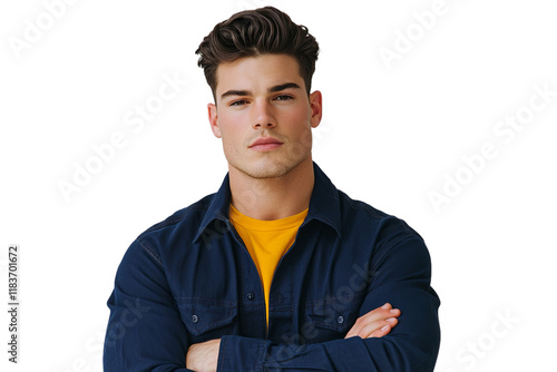 A young white man with wearing a blue button-down shirt, standing with his arms crossed against a transparent background, transparent, png photo