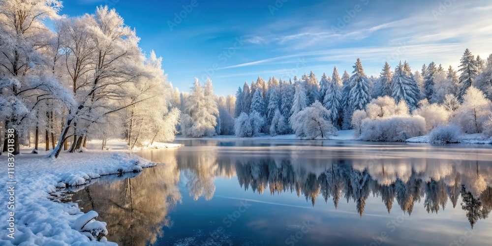 Snow-covered forest landscape with frosty trees and a frozen lake in the background, winter background, forest landscape Snow-covered forest landscape with frosty trees and a frozen lake in the background, winter background, forest landscape