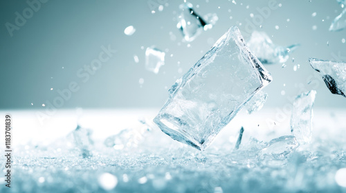 Ice block breaking mid-air, surrounded by ice shards, with a gray-blue background, creating a dynamic and vibrant scene photo