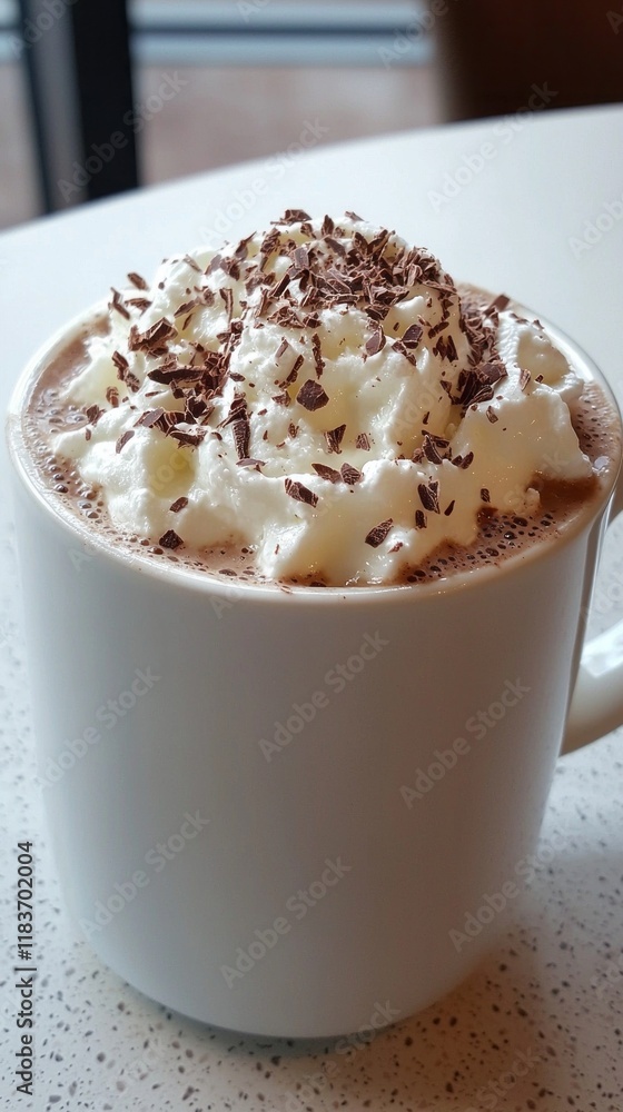 Indulge in the rich, velvety texture of peppermint hot cocoa, crowned with whipped cream and delicate chocolate shavings, perfect for cozy winter days Indulge in the rich, velvety texture of peppermint hot cocoa, crowned with whipped cream and delicate chocolate shavings, perfect for cozy winter days