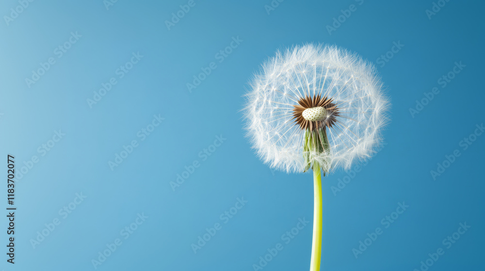 Delicate dandelion seed head silhouetted against bright blue background, symbolizing transience, potential, and natural lifecycle transformation Delicate dandelion seed head silhouetted against bright blue background, symbolizing transience, potential, and natural lifecycle transformation