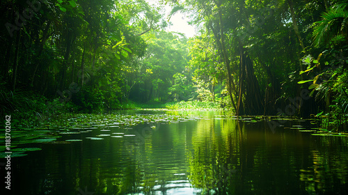 Fantastic picture, tropical jungle, forest swamp or lake, natural landscape