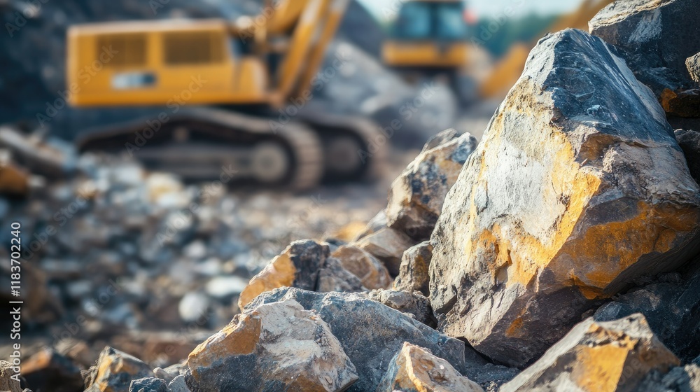 Naklejka premium Sharp close-up of jagged rocks on a construction site, heavy machinery visible faintly in the background