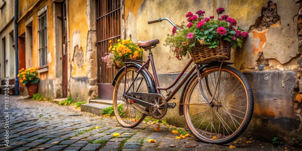 Abandoned street with old bike and flowers, decay, growth, decay, growth Abandoned street with old bike and flowers, decay, growth, decay, growth