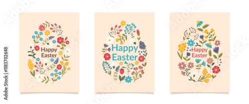 Set of Easter greeting cards. Easter eggs made of flowers. Vector poster in flat style.