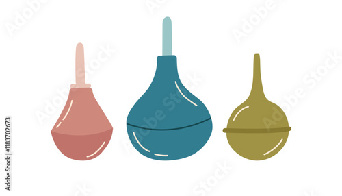 Set of enemas isolated on white. Concept of medicine and healthcare. Medical tools for colon cleansing. Vector flat cliparts.