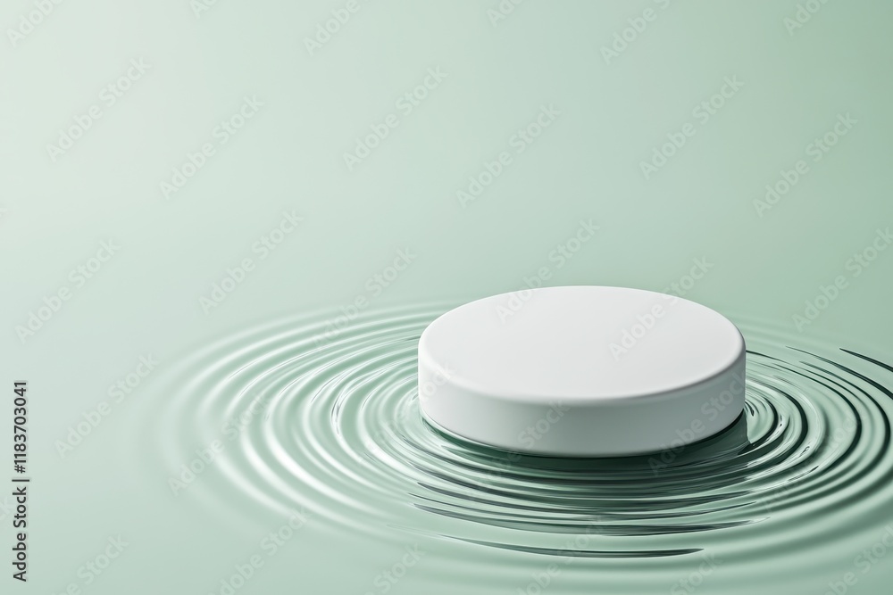 White Cylinder Floating on Calm Green Water, Minimalist Product Display White Cylinder Floating on Calm Green Water, Minimalist Product Display