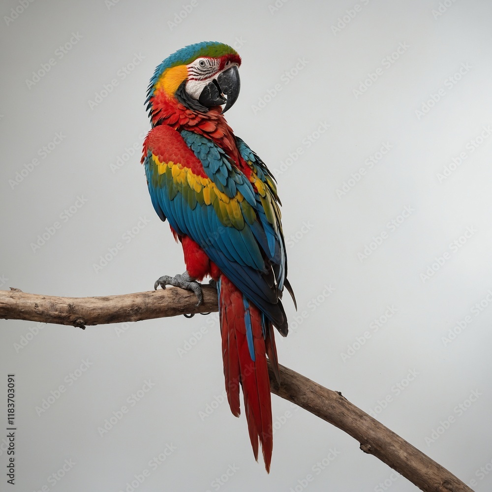 Fototapeta premium A macaw perched on a branch, colorful feathers radiating against the white background.