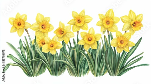 Isolated yellow daffodils in full bloom, bright and cheerful petals, set against a soft white background, symbolizing the joy of springtime and new beginnings. photo