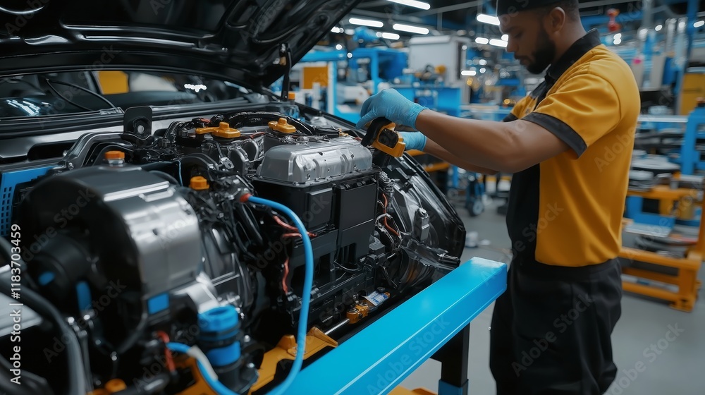 Fototapeta premium EV motor repair concept. Mechanic working on a car engine in a modern workshop.