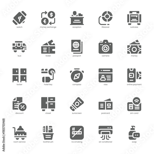 Travel icon pack for your website, mobile, presentation, and logo design. Travel icon glyph design. Vector graphics illustration and editable stroke.