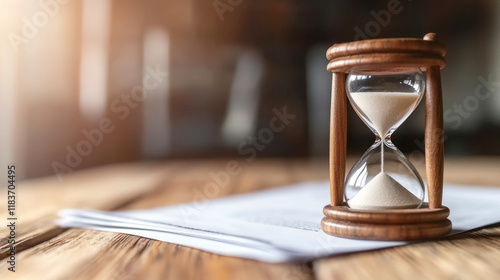 Hourglass is showing deadline approaching on wooden table with document and soft background light photo