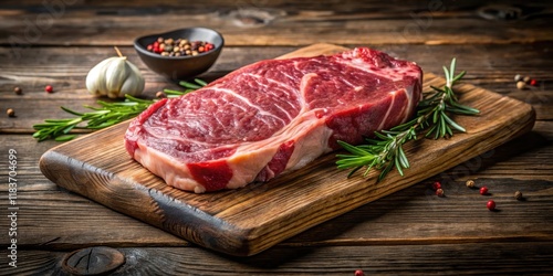 A juicy raw prime black angus beef steak on a wooden cutting board with a rustic background , Meat, Cut,  Meat, Cut, Wood, Rustic, Beef photo