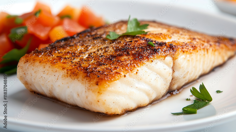 Crispy-skinned pan-fried cod fillet featuring golden exterior, resting on plate with vibrant parsley garnish and fresh diced tomatoes Crispy-skinned pan-fried cod fillet featuring golden exterior, resting on plate with vibrant parsley garnish and fresh diced tomatoes