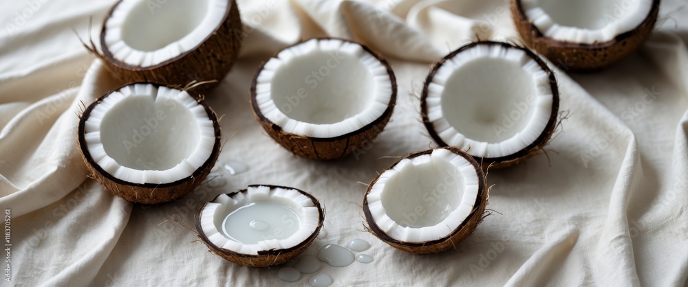 Fresh coconut slices with coconut oil on a soft fabric background for healthy living Fresh coconut slices with coconut oil on a soft fabric background for healthy living
