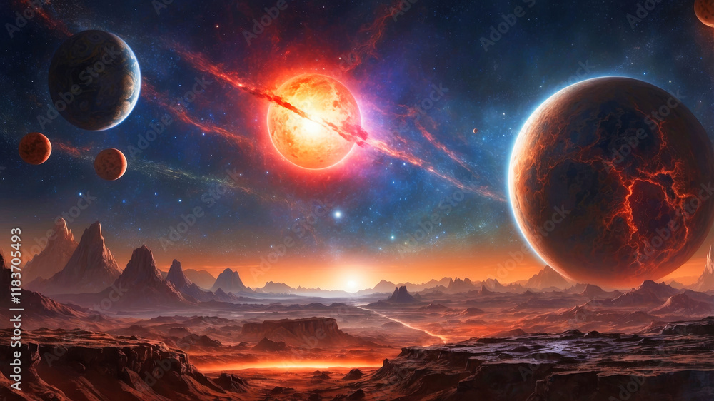 A dramatic and vivid space scene with detailed cracked surface planets and othe celestial bodies A dramatic and vivid space scene with detailed cracked surface planets and othe celestial bodies