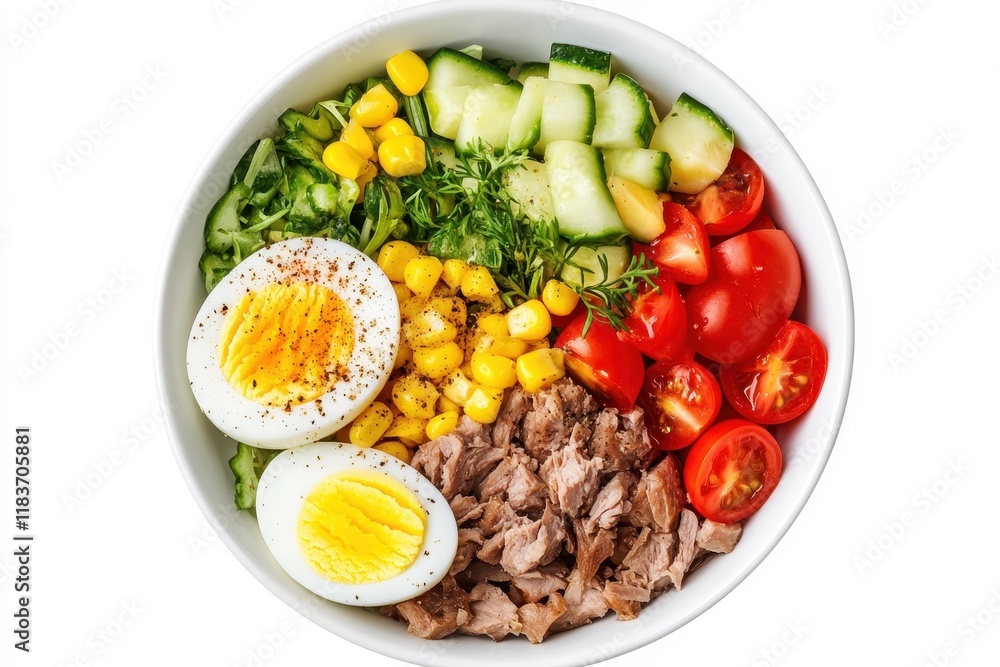 Egg and vegetable tuna salad in a white bowl on a plain background overhead shot Egg and vegetable tuna salad in a white bowl on a plain background overhead shot