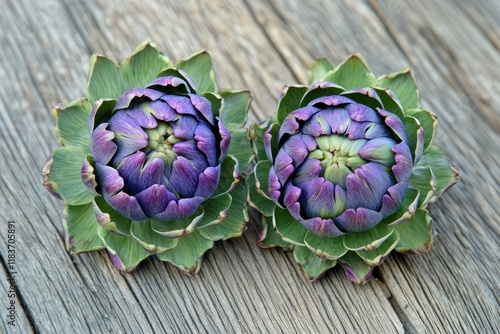 Edible buds of artichoke flowers in green and purple on a wooden surface photo