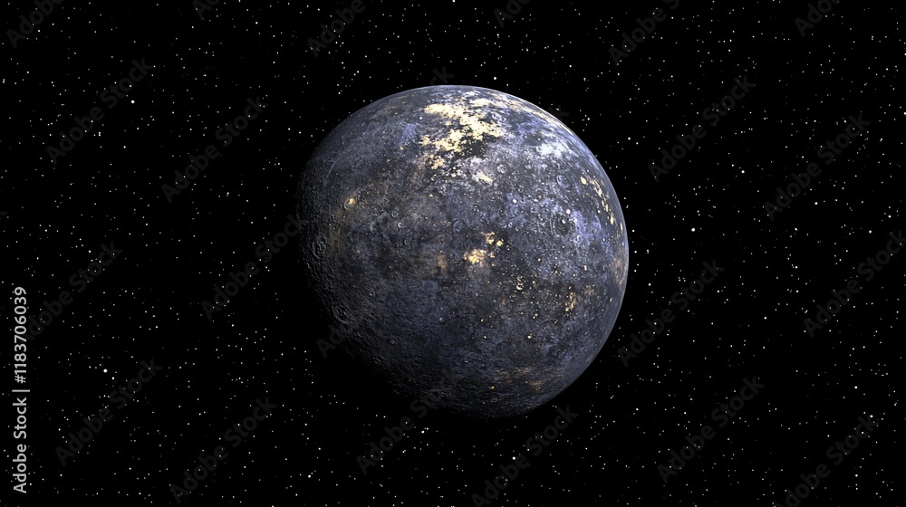 A grey planet with gold patches in space. A grey planet with gold patches in space.