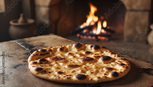 Freshly baked tandoori naan bread with golden edges resting on a rustic wooden table near an open fire in a cozy setting photo