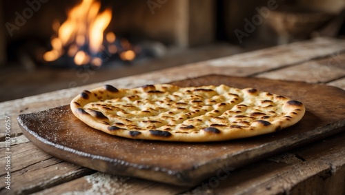 Freshly baked tandoori naan bread with golden edges resting on a rustic wooden table near an open fire in a cozy setting photo