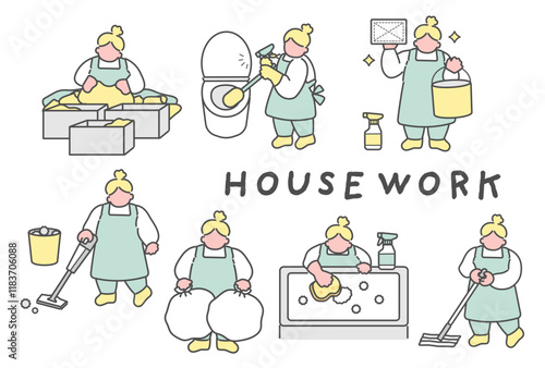 家事をする女性イラスト　セット