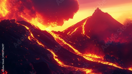 explosion of molten lava flowing down a volcanic slope, vibrant glowing background, symbolic representation of destruction and transformation, dramatic theme photo