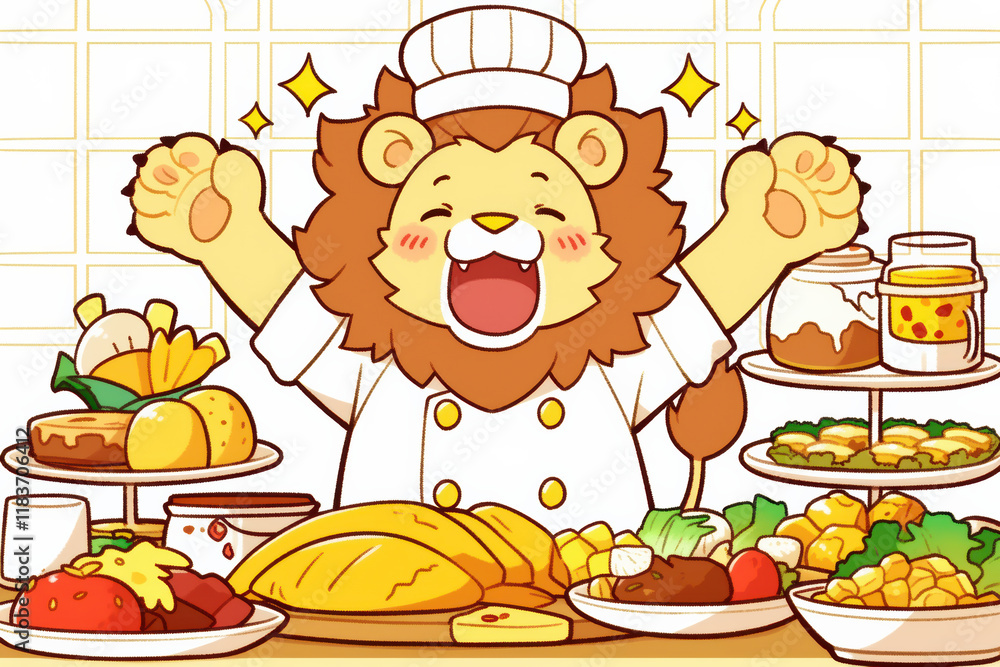 Naklejka premium lion chef joyfully celebrates after preparing grand feast with delicious dishes