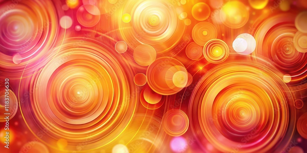Obraz premium Vibrant orange swirls create a mesmerizing abstract bokeh background with concentric circles and organic shapes in gradient shades of yellow, pink and red, color, abstract