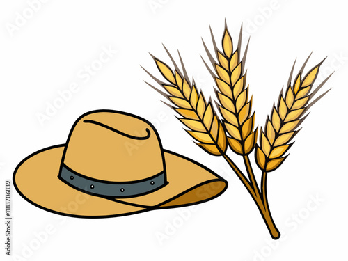 Harvest Season Wheat Stalks and Farmers Straw Hat