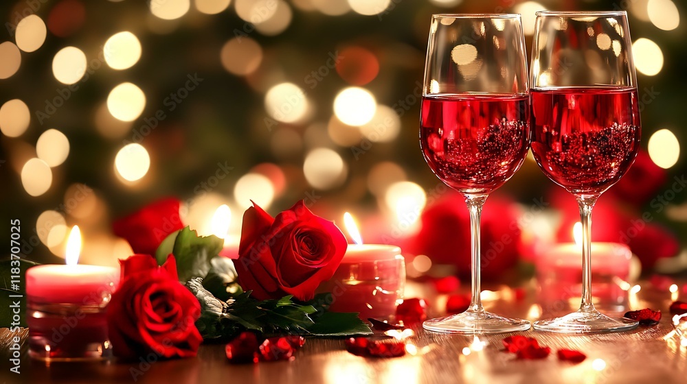 A close-up of a romantic dinner table with candles and wine glasses A close-up of a romantic dinner table with candles and wine glasses