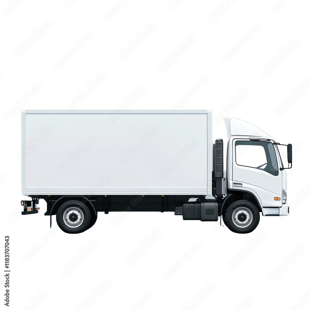 A side profile illustration of a white box truck suitable for delivery or transportation purposes. A side profile illustration of a white box truck suitable for delivery or transportation purposes.