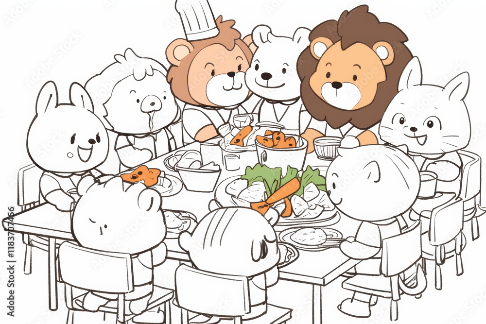 lion chef serves delicious meal to animal friends at table lion chef serves delicious meal to animal friends at table