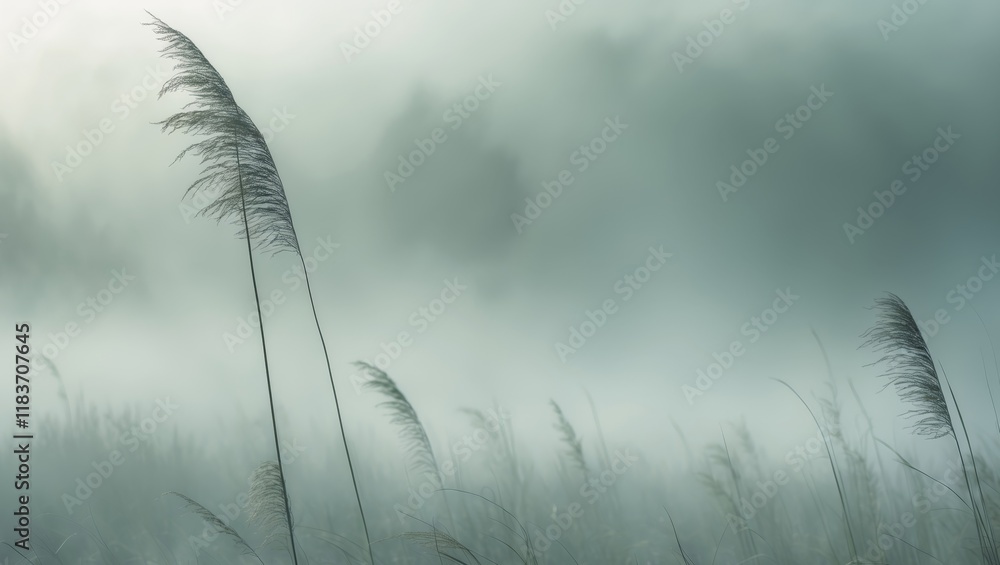 Obraz premium Misty landscape with tall grass in serene field