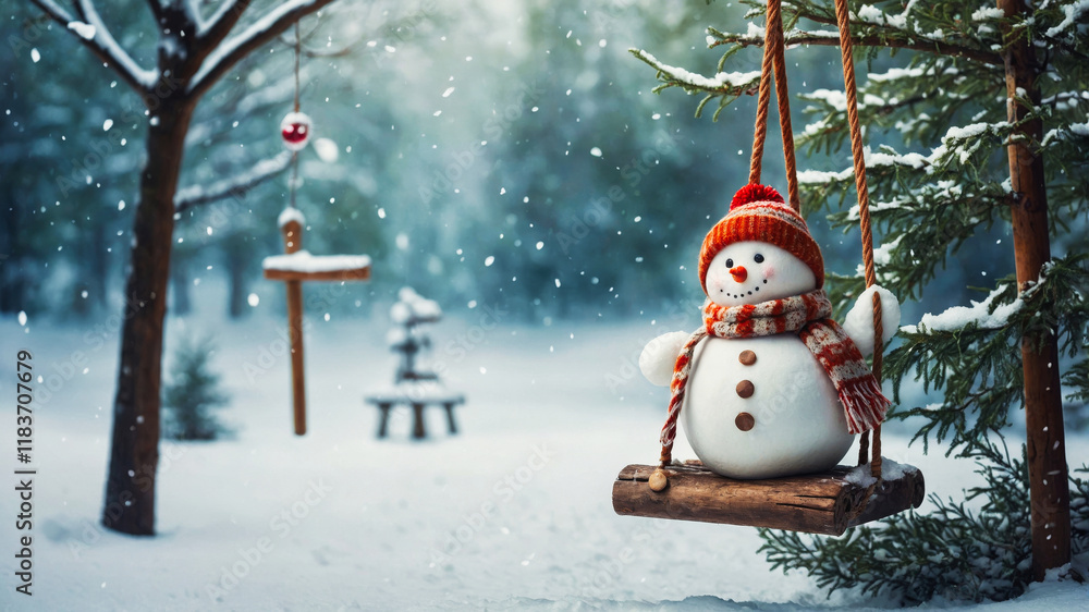Obraz premium A cheerful snowman sitting on a wooden swing