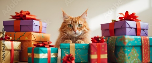 Mischievous orange tabby cat with long wispy whiskers emerging coyly from beneath a stack of holiday themed gift boxes surrounded by a warm photo