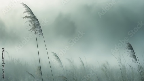 Misty landscape with tall grass in serene field photo