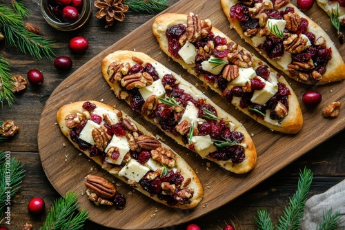 Festive flatbread snacks featuring cranberries pecans and brie Bird s eye view on a wooden tray photo