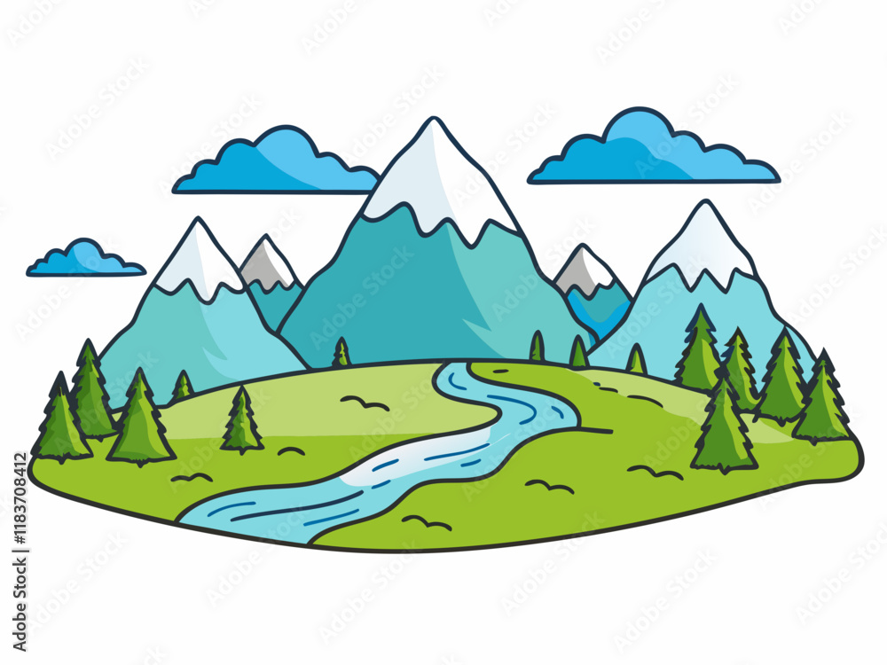 Naklejka premium Serene Mountain Landscape River, Clouds, Snowcapped Peaks, Trees