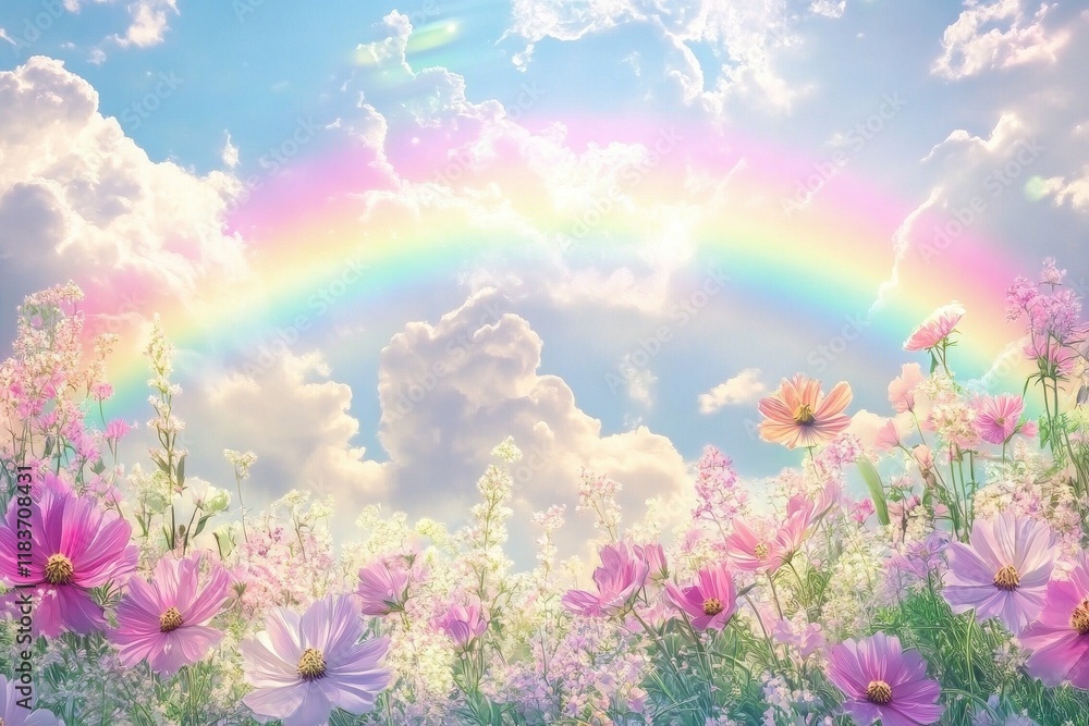 Pastel Cosmos Flowers Bloom Beneath a Rainbow Sky Pastel Cosmos Flowers Bloom Beneath a Rainbow Sky