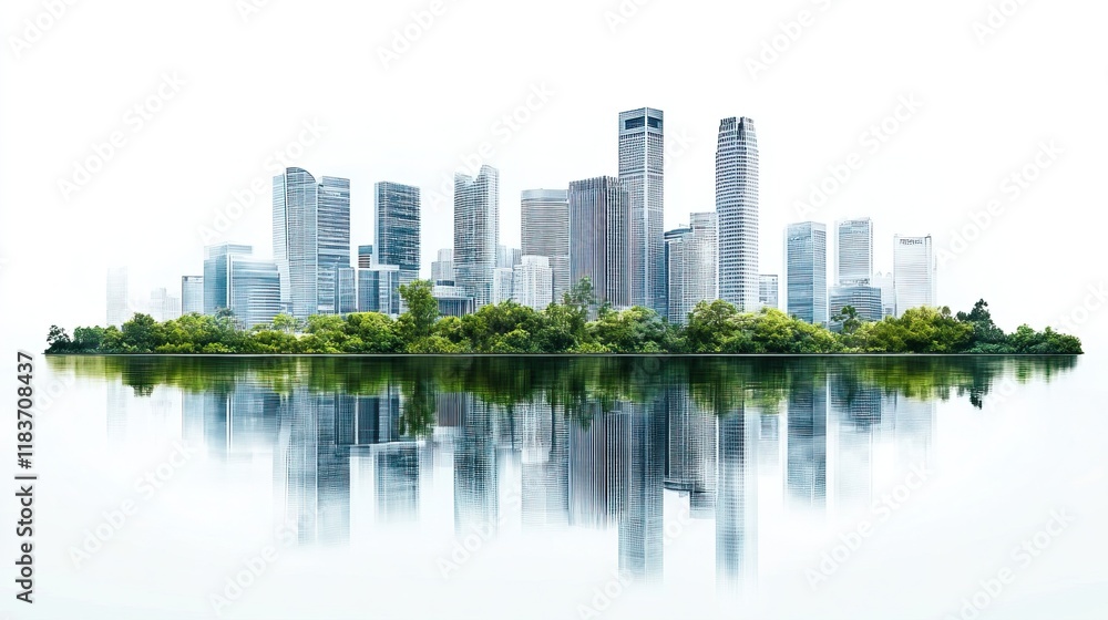 Modern city skyline on island with skyscrapers and greenery against clear sky, high-res urban development and nature harmony, building reflections on water, white background. Modern city skyline on island with skyscrapers and greenery against clear sky, high-res urban development and nature harmony, building reflections on water, white background.