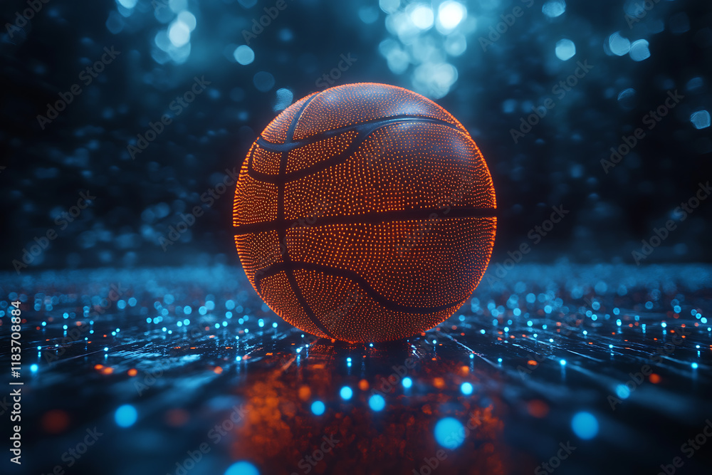 Glowing wireframe of an orange basketball with black grooves on a transparent background, highlighted by a combination of blue and black data points, symbolizing sports and technology. Glowing wireframe of an orange basketball with black grooves on a transparent background, highlighted by a combination of blue and black data points, symbolizing sports and technology.
