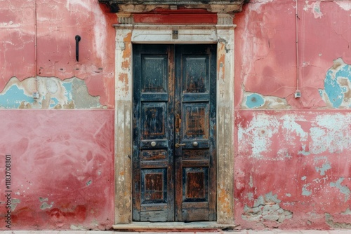  Pink wall with old wooden door in european city. Detailed photo textured background photo