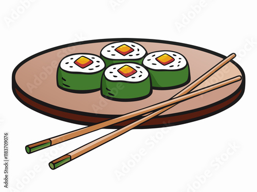 Delicious Sushi Rolls on Wooden Plate with Chopsticks