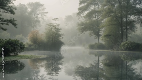 Serene Landscape with Reflective Pond Surrounded by Lush Greenery and Tall Trees in a Calm Natural Setting