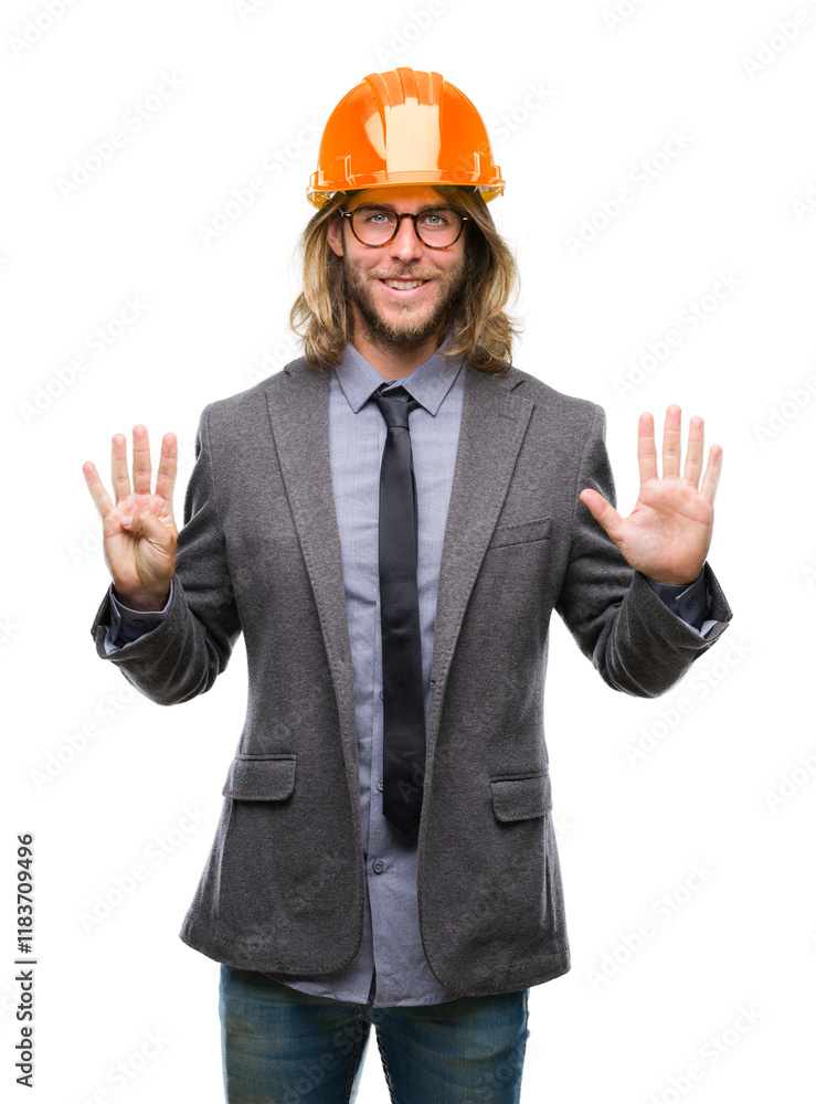 Young handsome architec man with long hair wearing safety helmet over isolated background showing and pointing up with fingers number nine while smiling confident and happy. Young handsome architec man with long hair wearing safety helmet over isolated background showing and pointing up with fingers number nine while smiling confident and happy.