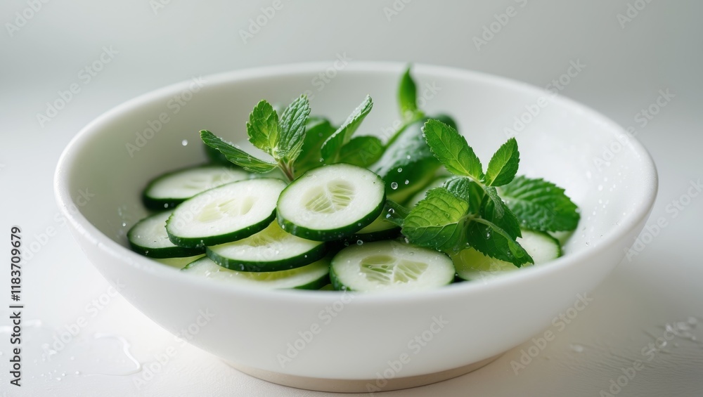 Sliced cucumbers and fresh mint in a bowl Sliced cucumbers and fresh mint in a bowl