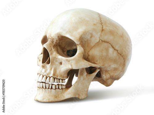 Human skull isolated on white background, showcasing detailed bone structure.