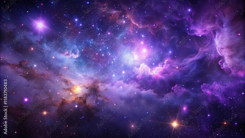 Fototapeta premium A vast expanse of dark purple nebula against a starry background with scattered cosmic dust particles illuminated by distant stars, nebulae, galaxy background